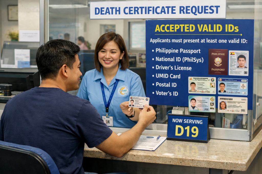 filipino applicant inside psa office requesting death certificate Accepted Valid IDs